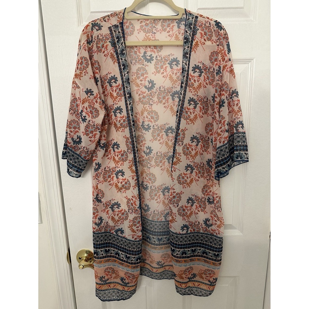Floral Paisley Open Front Kimono Cardigan Sheer Boho Cover Up Peach Blue XL